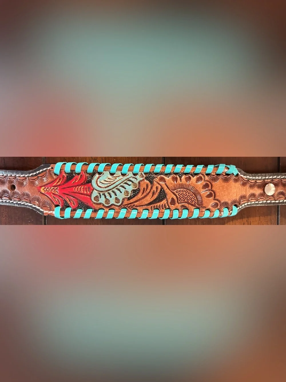 Tooled Genuine Leather Western Dog Collar w/ Turquoise and Red Accents-SMALL
